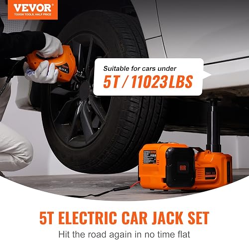 VEVOR Kit de Gato Hidráulico Eléctrico de 5T 12V Elevador Automático de Automóvil 155-450 mm Gato Elevador con Llave de Impacto Luz LED Inflador de Neumáticos para Carretera SUV Sedán o Cualquier Vehículo