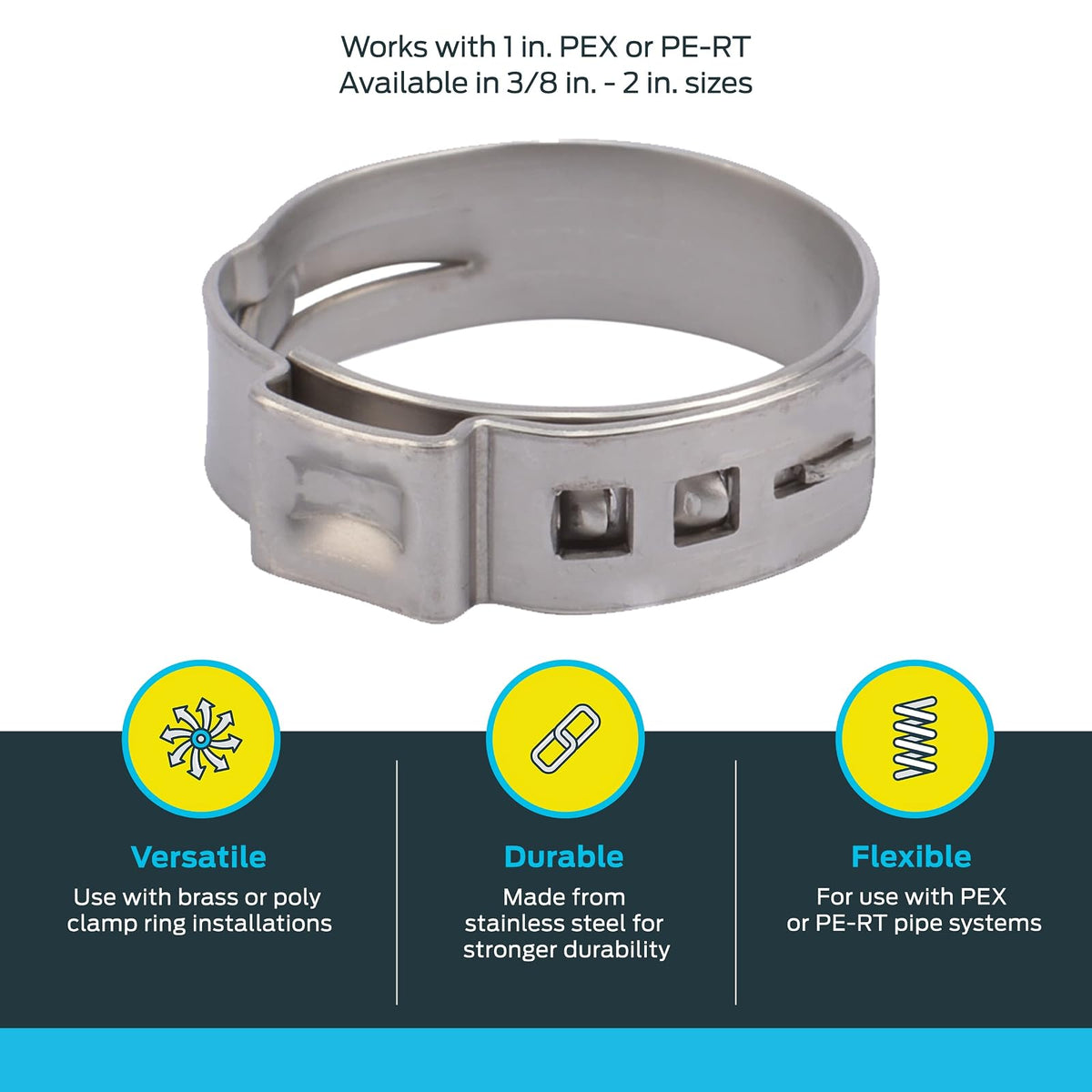 SharkBite Anillo de abrazadera de 1 pulgada, paquete de 10, accesorios de fontanería de acero inoxidable, tubo PEX, PE-RT, UC956A