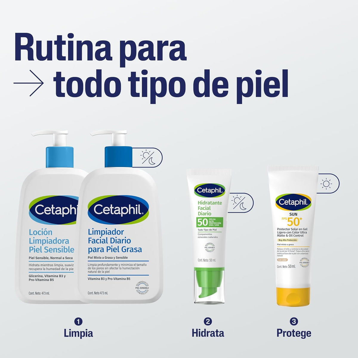 Cetaphil Hidratante Facial Diario FPS 50 Piel Sensible Mixta Grasa 50 ml | Hidrata hasta 8 h, protege contra rayos UVA/UVB y ayuda a prevenir daño por radicales libres con vitamina E y glicerina.