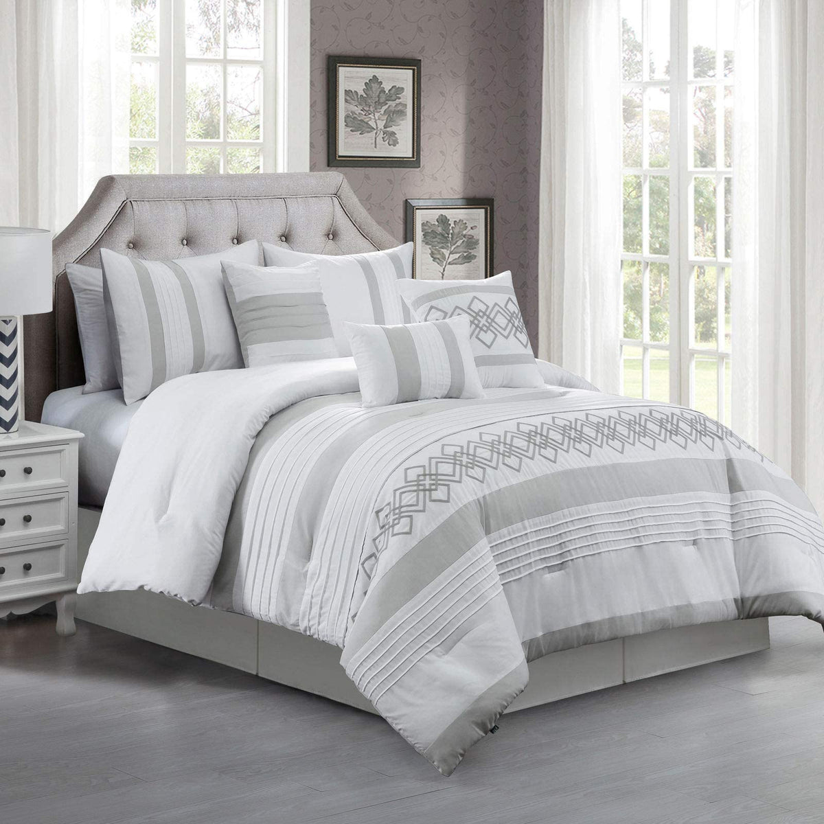 Chezmoi Collection Ariel - Juego de Ropa de Cama de 7 Piezas con Bordado geométrico de Chenilla Gris, tamaño California King