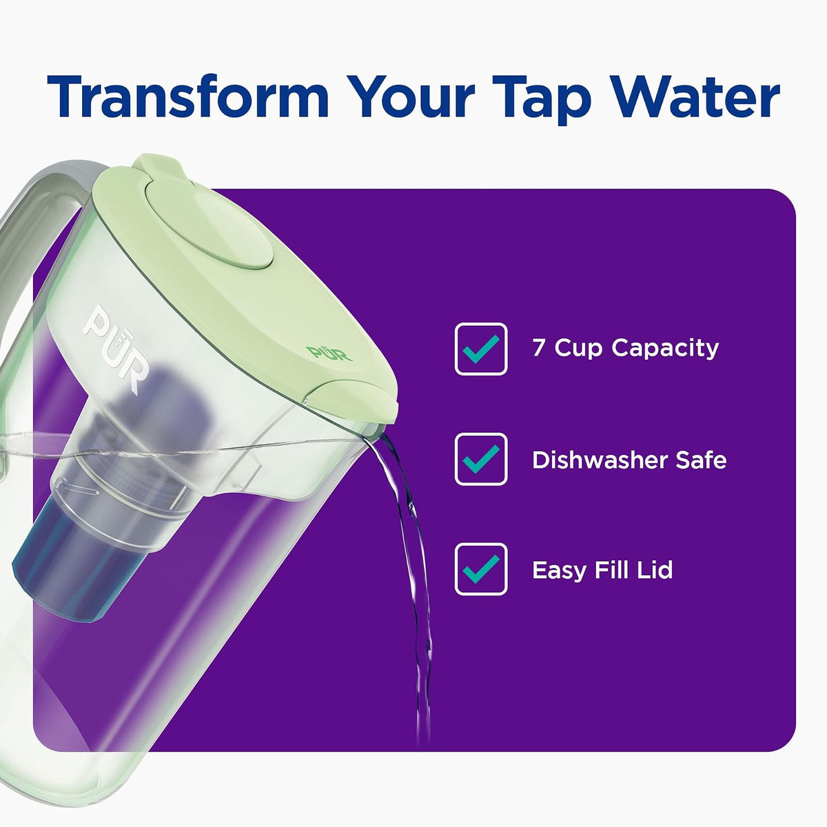 PUR Jarra de agua de 7 tazas, 1 filtro auténtico, limpiador, agua de gran sabor, apta para lavaplatos, potente, filtración más rápida, diseño de tapa LockFit, lima