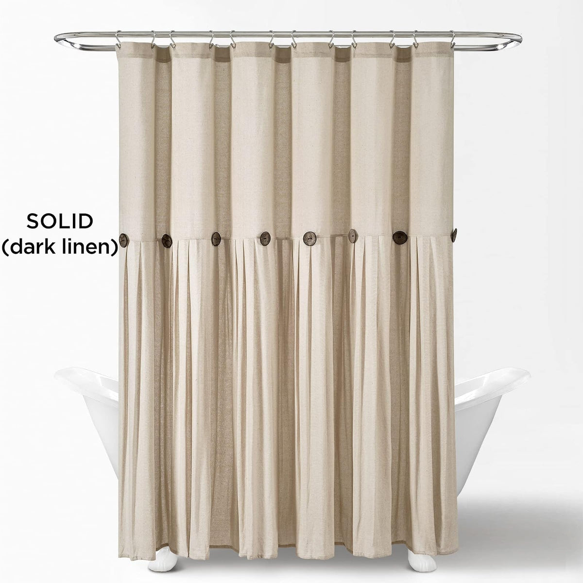 Lush Decor - Cortina de Ducha de Lino con Botones, 72 Pulgadas de Ancho x 72 Pulgadas de Largo, Lino Oscuro, Tela de Cortina de Ducha Color Beige, Cortina de baño rústica - Decoración de baño de