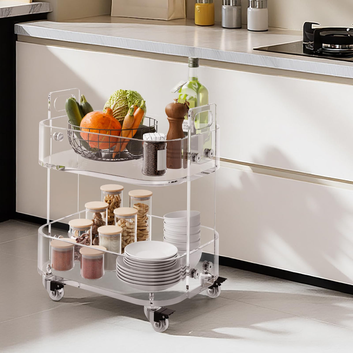 VEVOR Mesa Auxiliar de Acrílico con Ruedas 30,5 x 41,6 x 48 cm, Carro de Acrílico de 2 Niveles Transparente, Mesa de Centro con Estante de Almacenamiento para Salón, Dormitorio, Bar, Oficina