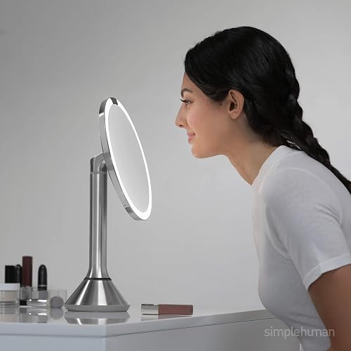 simplehuman - Espejo de maquillaje con sensor redondo de 8 pulgadas con control táctil, ajuste de luz doble, aumento 5x, recargable y sin cable, acero inoxidable dorado rosa