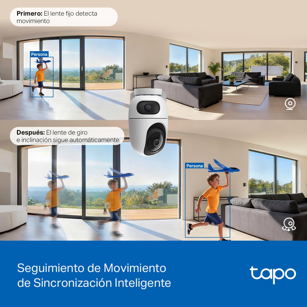 Tapo TP-Link C245D Cámara de Seguridad WiFi Interior - Doble Lente 2K - Cobertura 360° - Visión Nocturna Infrarroja - Detección de Movimiento - Audio Bidireccional - 512GB - App