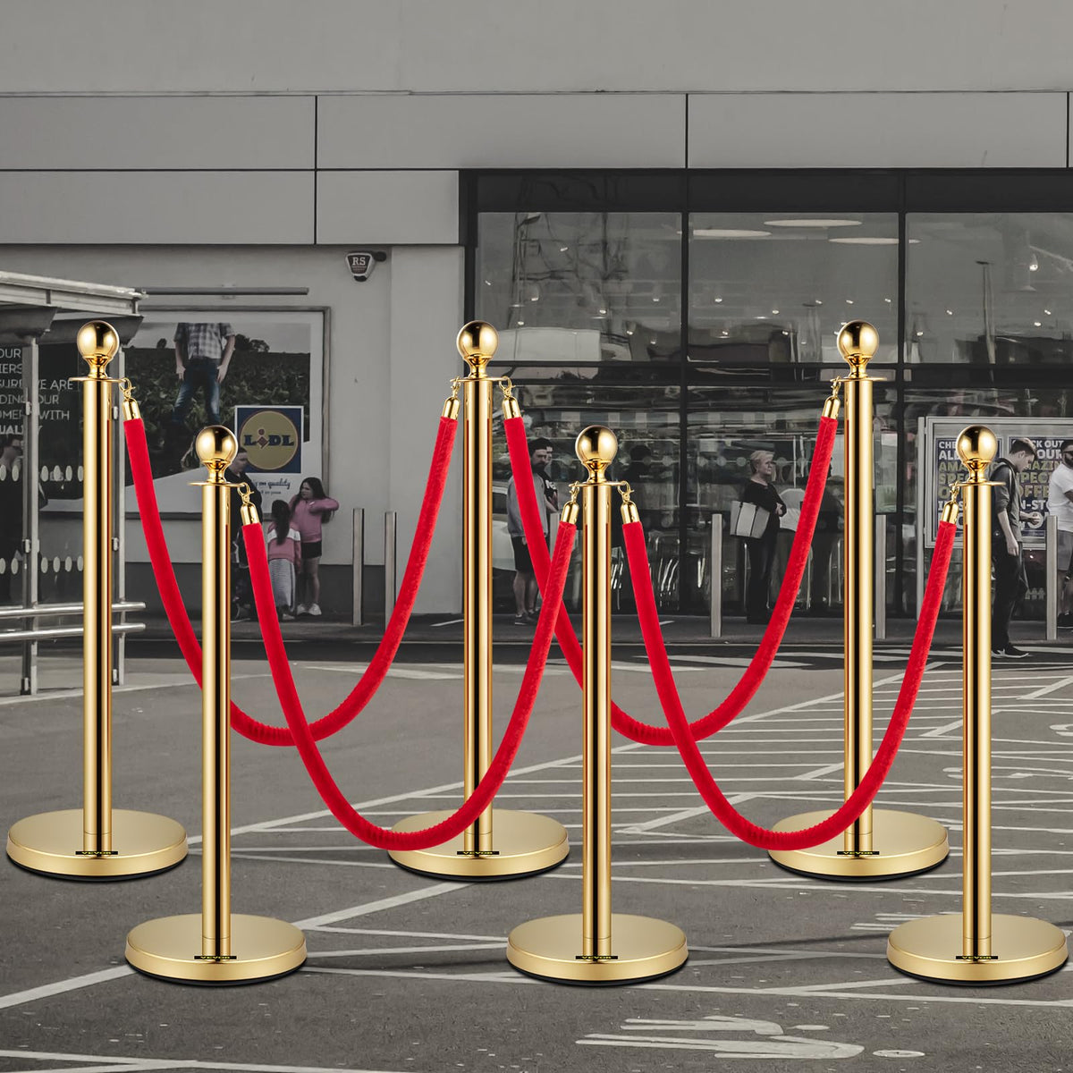 VEVOR Poste Guía 6 Piezas 95 cm Barrera de Control de Multitudes con 4 Cuerdas de Terciopelo Rojas 1,5 m para Cola de Separación de Demarcación en Escuela Pública Teatro Hotel Exposición, Color Oro