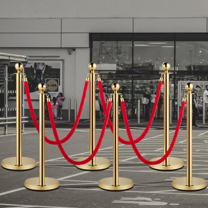 VEVOR Poste Guía 6 Piezas 95 cm Barrera de Control de Multitudes con 4 Cuerdas de Terciopelo Rojas 1,5 m para Cola de Separación de Demarcación en Escuela Pública Teatro Hotel Exposición, Color Oro