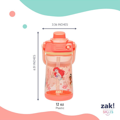 Zak Designs - Botella de agua para niños, con diseño de princesa de Disney, de plástico de 12 onzas, duradera y a prueba de fugas con boquilla de bloqueo de líquido, asa de transporte, base protectora