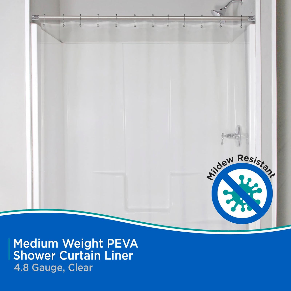 Kenney KN61443 - Cortina de ducha impermeable de PEVA de calibre 5, con ojales de metal resistentes al óxido y dobladillo magnético pesado para baño, 70 pulgadas de ancho x 72 pulgadas de alto, transparente, 1 paquete