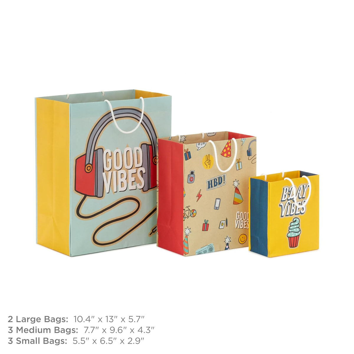 Hallmark Surtido de bolsas de regalo (8 bolsas: 3 pequeñas de 6 pulgadas, 3 medianas de 9 pulgadas, 2 grandes de 13 pulgadas) cumpleaños para niños, buenas vibras, iconos retro
