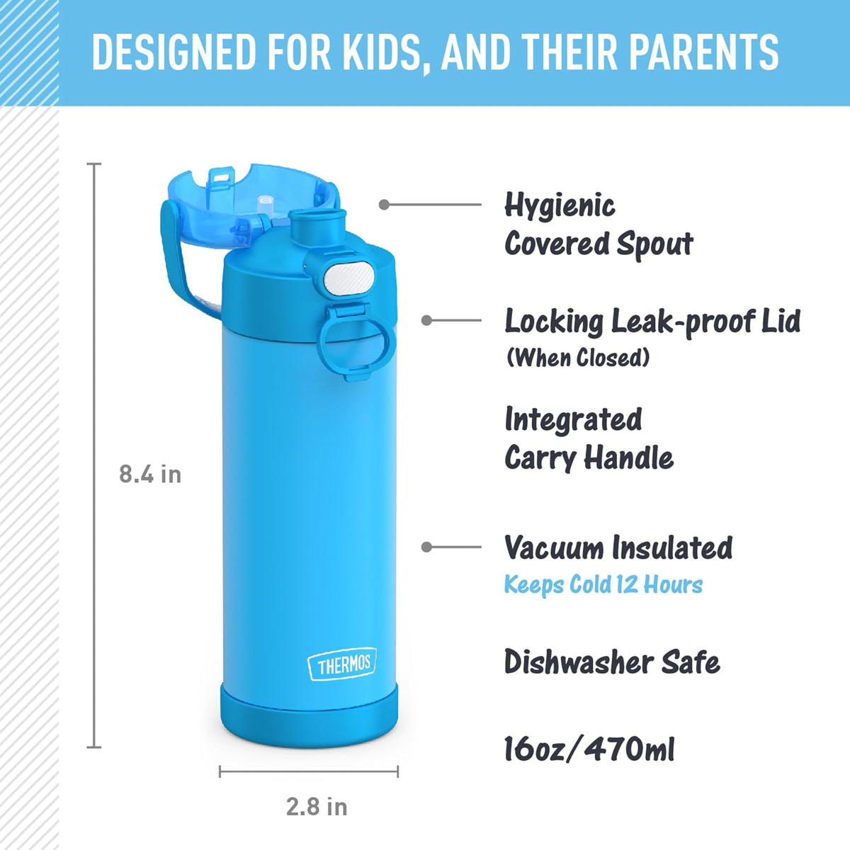 THERMOS FUNTAINER - Acero inoxidable de 16 onzas, color azul vaquero