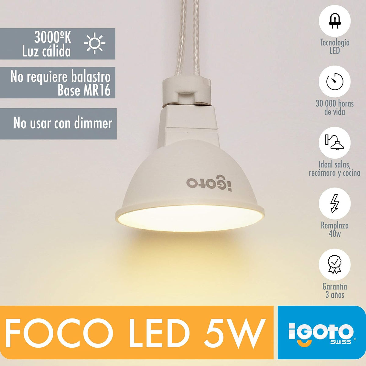 iGOTO F20405 Foco LED MR16, GU5.3, 5 Watts, Luz Cálida