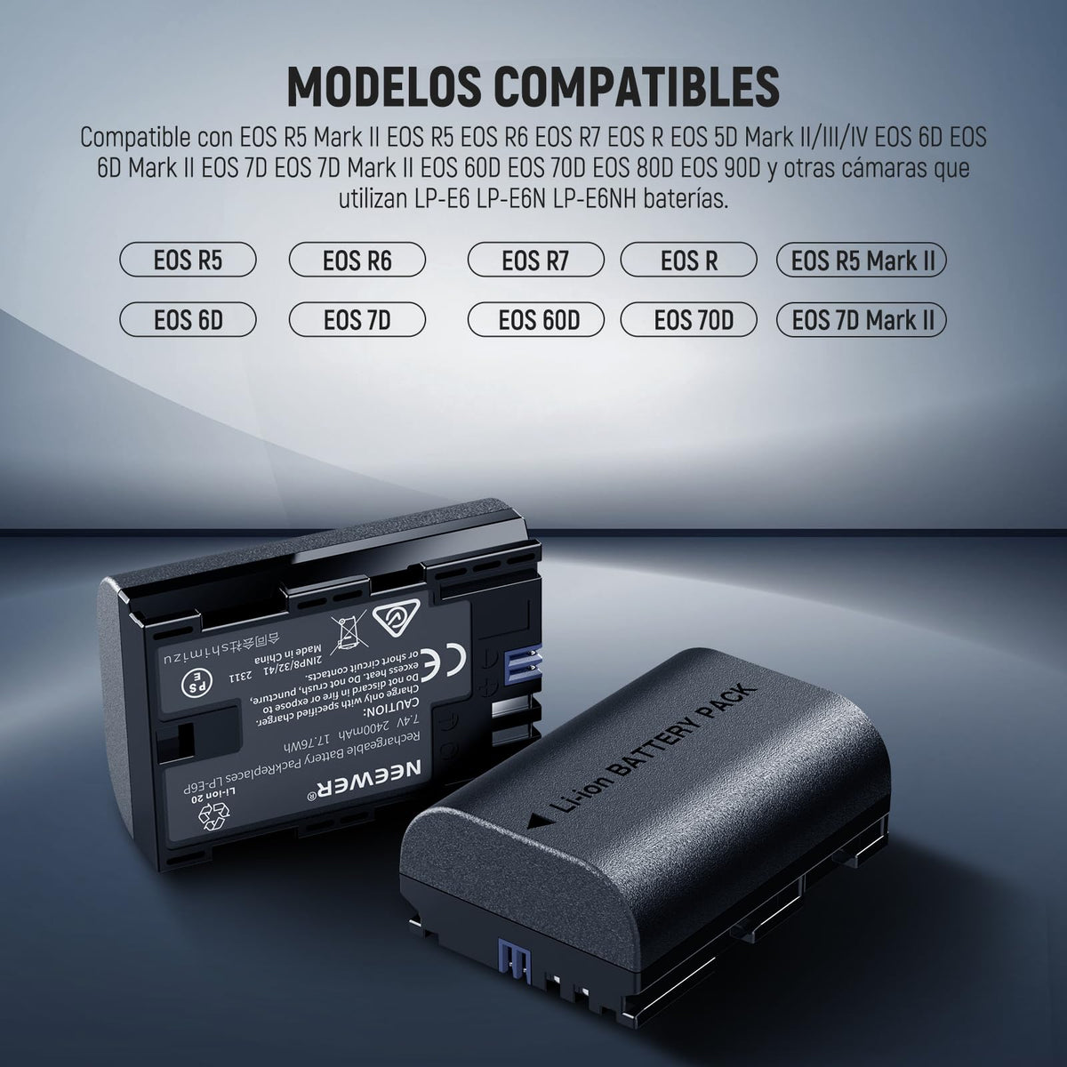 NEEWER Pack de 2 2200mAh LP-E6P/LP-E6NH/LP-E6N/LP-E6 Baterías Repuesto Cargador USB Doble Vertical con Pantalla LCD para EOS R5 Mark II EOS R5 EOS R6 EOS R7 EOS R 5D II III IV 6D 6D II 7D 7D II 60D