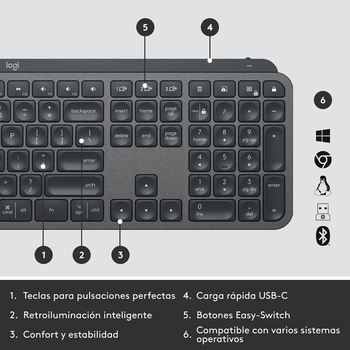 Logitech, MX Keys for Business, Teclado inalámbrico Iluminado avanzado, Escritura táctil con Respuesta óptima, Retroiluminación, Bluetooth, USB-C, Apple macOS, Microsoft Windows, Linux
