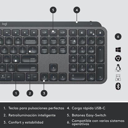 Logitech, MX Keys for Business, Teclado inalámbrico Iluminado avanzado, Escritura táctil con Respuesta óptima, Retroiluminación, Bluetooth, USB-C, Apple macOS, Microsoft Windows, Linux