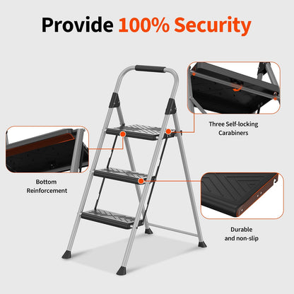 DIAMONDFORGE - Escalera de 3 Peldaños Plegable, Antideslizante, Acero de 900 Libras, Negro, IL3LBK1