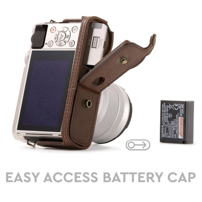 MegaGear MG1002 Estuche Ever Ready, Funda de cuero, de pronto uso, con correa compatible con Fujifilm X-A10 - Marron Oscuro