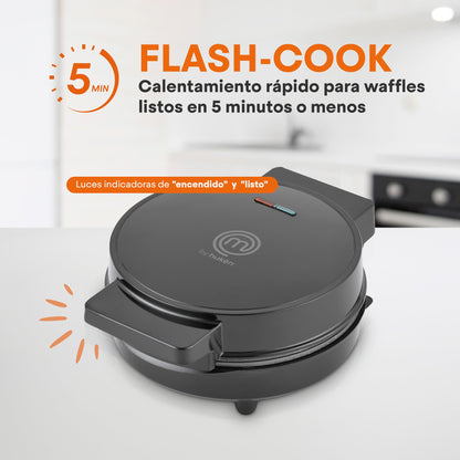 Hukën x MasterChef | Wafflera Belga Eléctrica Flash Cook Redonda | Calentamiento Rápido y Uniforme | Temperatura Automática | Antiadherente de Alto Nivel | Luces Indicadoras | Color Negro
