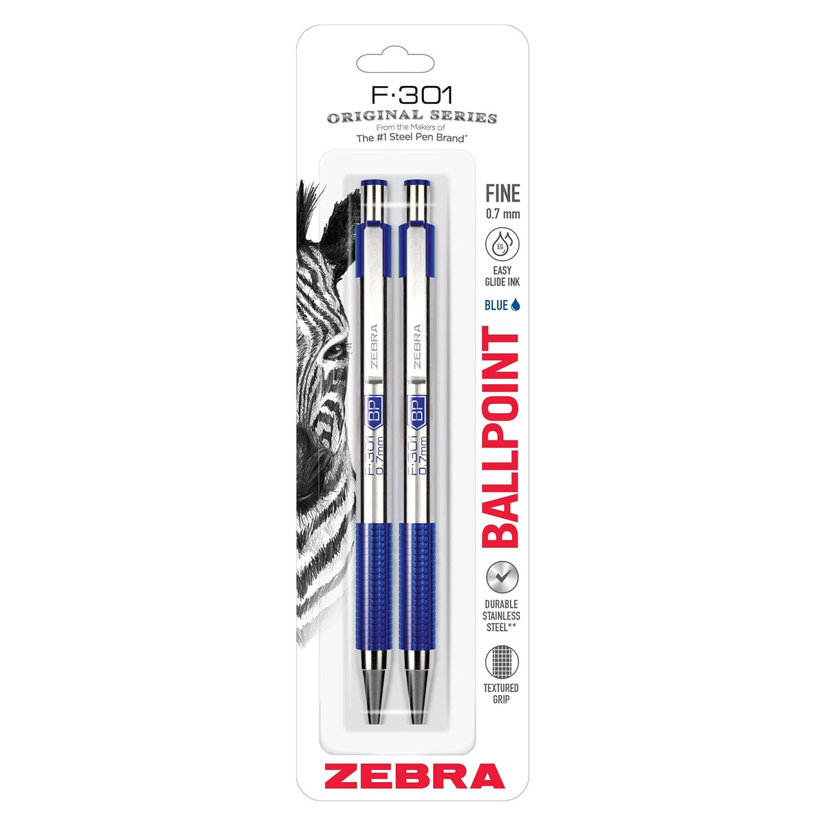 Zebra F-301 Bolígrafo Retráctil de Acero Inoxidable, Punta 0.7 mm - Blue - Paquete de 2