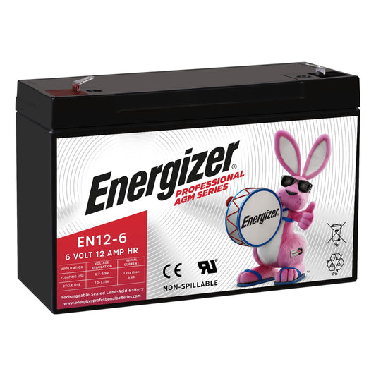 Energizer EN12-6, 6 Volt 12 Amp HR, Long Lasting Sealed Lead Acid AGM Rechargeable Battery Ideal For Use In Garage Door, Alarm Panels, Emergency Lighting, Kids Ride On, Backup, and More