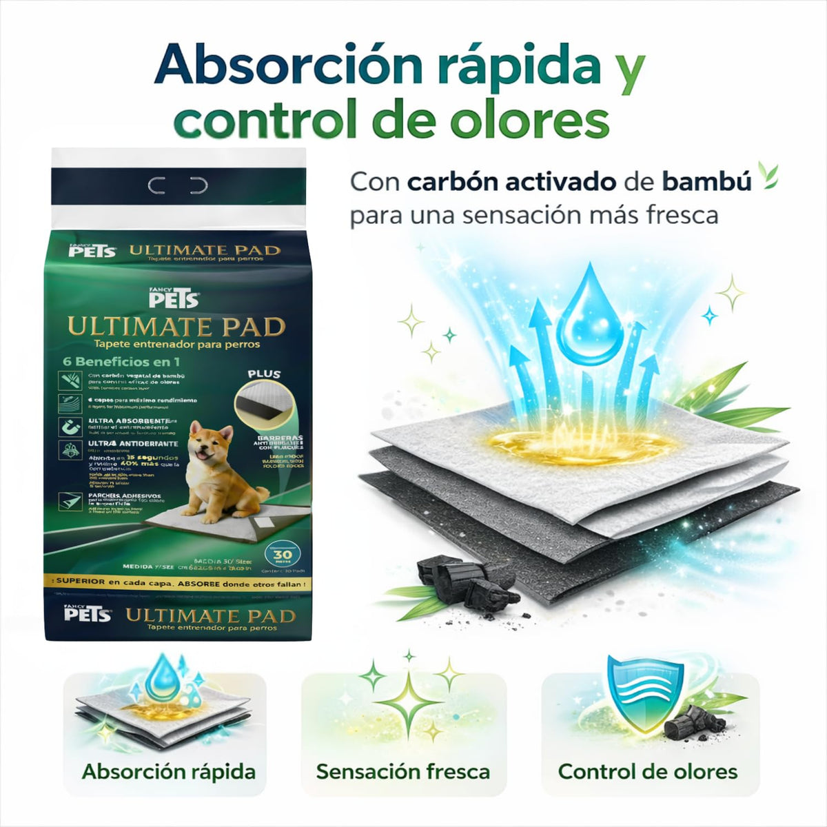 Fancy Pets Tapete Entrenador para Perros Ultimate Pad con Carbón Activado de Bambú Absorción Rápida Bordes Antiderrames Atrayente Integrado y Parches Adhesivos 56 x 50 cm - 30 PZ