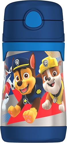 THERMOS - Botella de paja de acero inoxidable aislada al aspiradora de 10 onzas, patrulla canina para niño