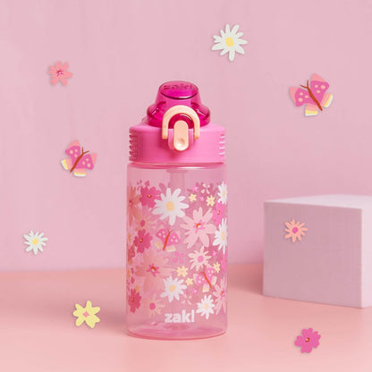 Zak Designs - Botella de agua de salvia para la escuela o los viajes, botella de agua de plástico duradera de 16 onzas con popote, mango y a prueba de fugas, cubierta de boquilla desplegable (Flower