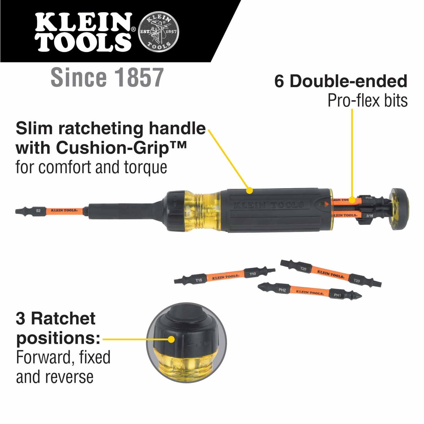 Klein Tools 32313HD Destornillador de matraca, herramienta de impacto 13 en 1, con 6 puntas de doble extremo y destornillador de tuerca de 0.6 cm