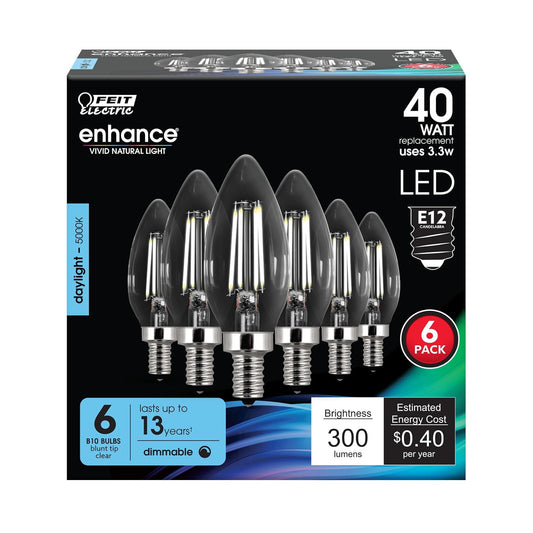 Feit Electric - foco LED de 40 W equivalente, regulable, base E12, luz diurna de 5000 K, filamento B10 torpedo de punta decorativa, bombillas de iluminación decorativas, 13 años de vida,