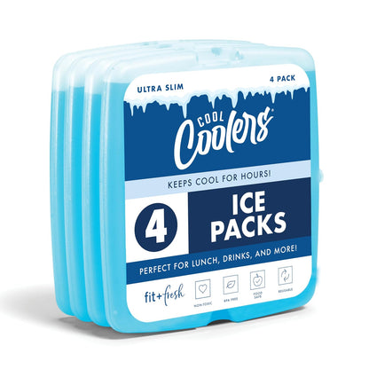 Cool Coolers by Fit & Fresh - Paquetes de hielo delgados, congelación rápida reutilizables para loncheras y enfriadores, paquetes de hielo de larga duración, ahorro de espacio, azul, paquete de 4