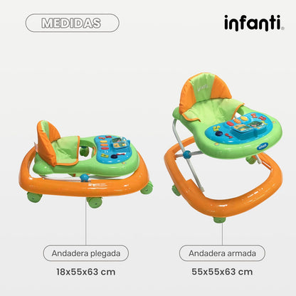 INFANTI | Andadera para Bebé MY LITTLE STEPS | Facil Plegado con 3 Alturas Ajustables | Color Naranja