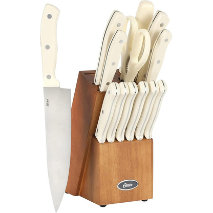 Oster Evansville 14 Piece Cutlery Knife Block Set, Stainless Steel w/Linen White Handles