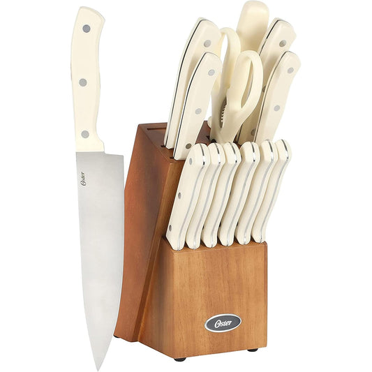 Oster Evansville 14 Piece Cutlery Knife Block Set, Stainless Steel w/Linen White Handles