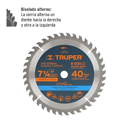 Truper ST-740, Disco sierra p/madera 7-1/4", 40 dientes, centro 5/8"