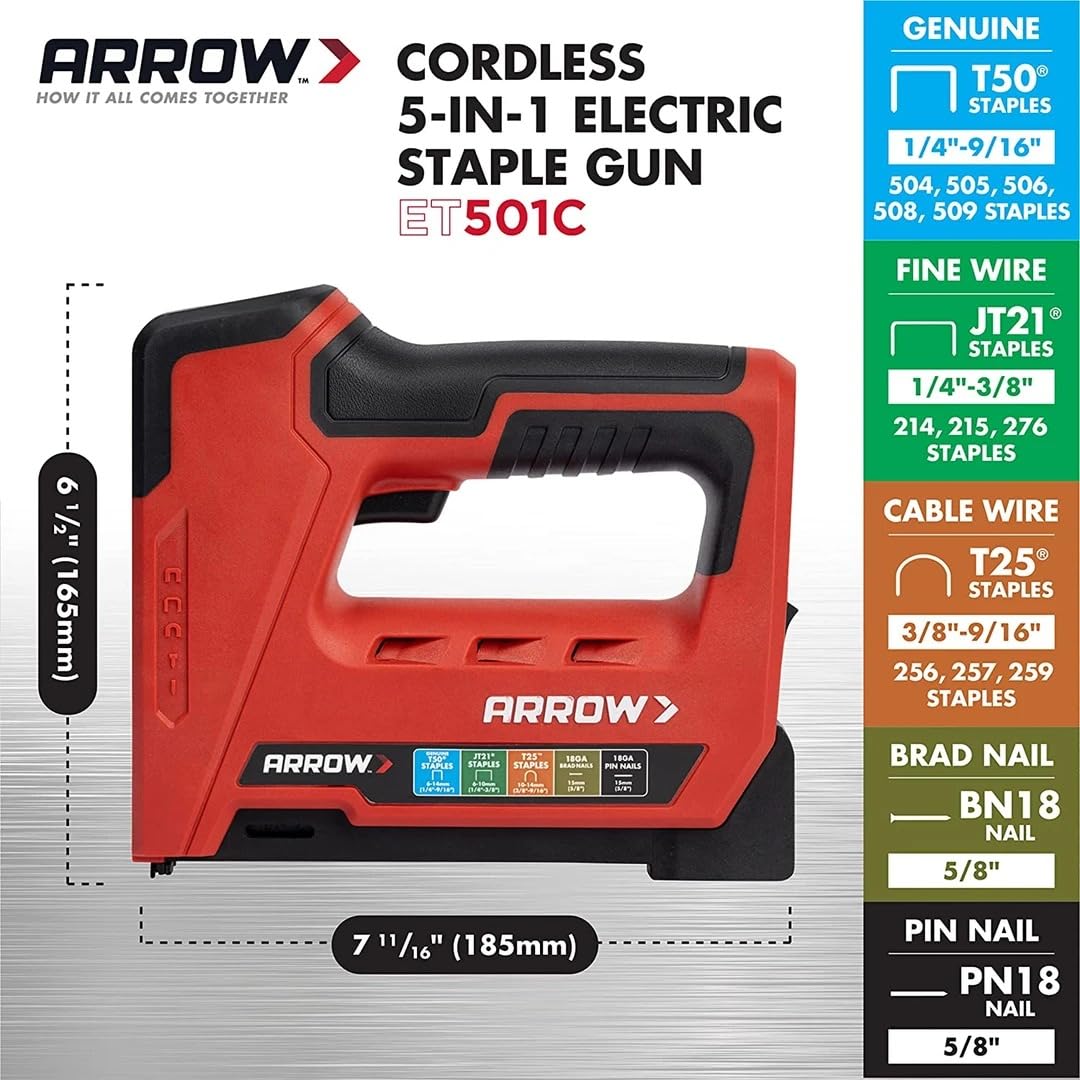 Arrow ET501C - Pistola profesional inalámbrica 5 en 1 para grapas y uñas, grapadora de alambre con pilas y clavadora para tapicería, enmarcado, techos, manualidades, valla, cable, negro/rojo