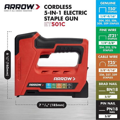 Arrow ET501C - Pistola profesional inalámbrica 5 en 1 para grapas y uñas, grapadora de alambre con pilas y clavadora para tapicería, enmarcado, techos, manualidades, valla, cable, negro/rojo