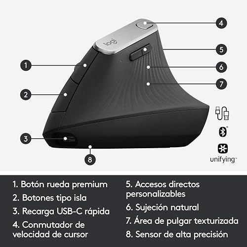 Logitech MX Vertical Mouse Inalámbrico Ergonómico, Multi-Computadora, 2,4 GHz/Bluetooth con Receptor Unifying USB, Seguimiento Óptico 4000 dpi, 4 Botones, Carga Rápida, Portátil/PC/Mac/iPad OS - Negro.