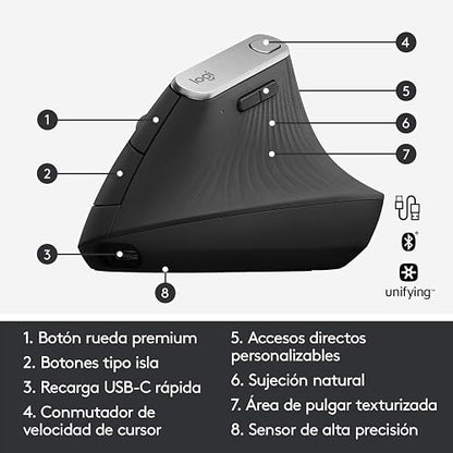 Logitech MX Vertical Mouse Inalámbrico Ergonómico, Multi-Computadora, 2,4 GHz/Bluetooth con Receptor Unifying USB, Seguimiento Óptico 4000 dpi, 4 Botones, Carga Rápida, Portátil/PC/Mac/iPad OS - Negro.