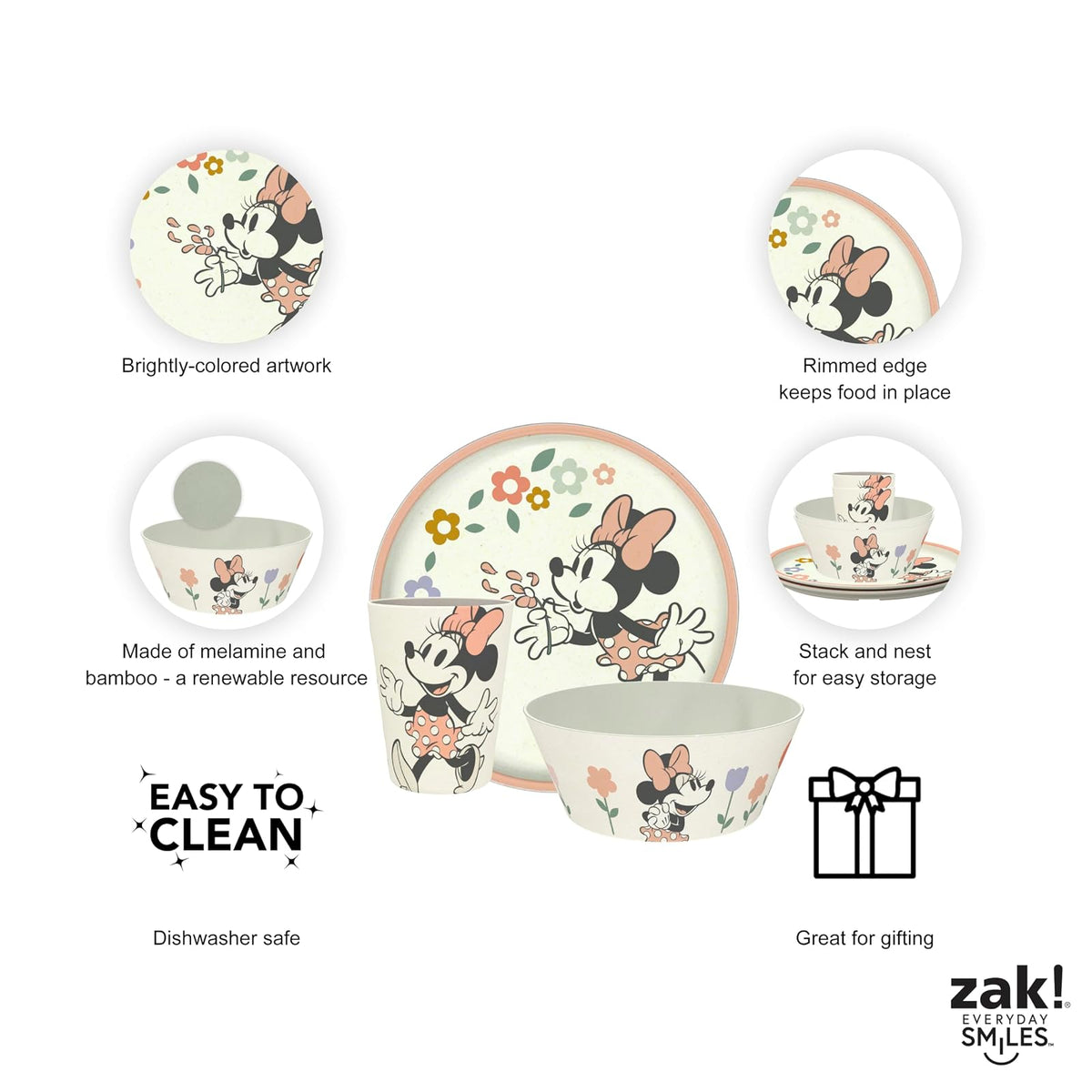 Zak Designs - Juego de vajilla para niños de Disney de 3 piezas, plato de bambú de melamina duradero y sostenible, tazón y vaso son perfectos para cenar con la familia (Minnie Mouse)