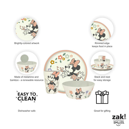 Zak Designs - Juego de vajilla para niños de Disney de 3 piezas, plato de bambú de melamina duradero y sostenible, tazón y vaso son perfectos para cenar con la familia (Minnie Mouse)