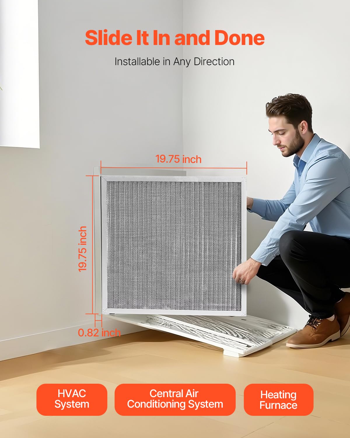 VEVOR Filtro de Aire Electrostático Sostenible, Lavable y Reutilizable, Aluminio, Horno AC/HVAC, MERV 8, Larga Vida Útil, Hogar u Oficina más Saludables, 393,7 x 501,65 x 20,8 mm, Plata, 1 ud