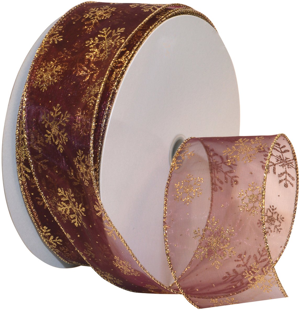 Morex Ribbon 7405.60/50-619 copo de nieve de 2.5 pulgadas x 50 yardas de nailon transparente con purpurina, borgoña/dorado, suministros de arte de cinta para decoraciones de Navidad, cinta de Navidad interior para envolver regalos juego de arte