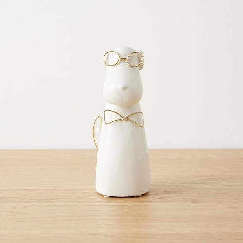 Sagebrook Home Figura de cerámica para Cachorros de 7 Pulgadas con anteojos y Pajarita, Escultura contemporánea de Perro Blanco y Dorado para decoración de Mesa del hogar u Oficina