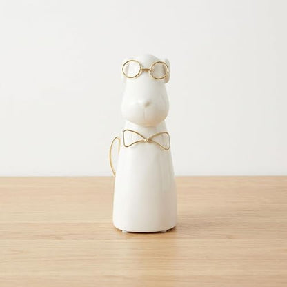 Sagebrook Home Figura de cerámica para Cachorros de 7 Pulgadas con anteojos y Pajarita, Escultura contemporánea de Perro Blanco y Dorado para decoración de Mesa del hogar u Oficina