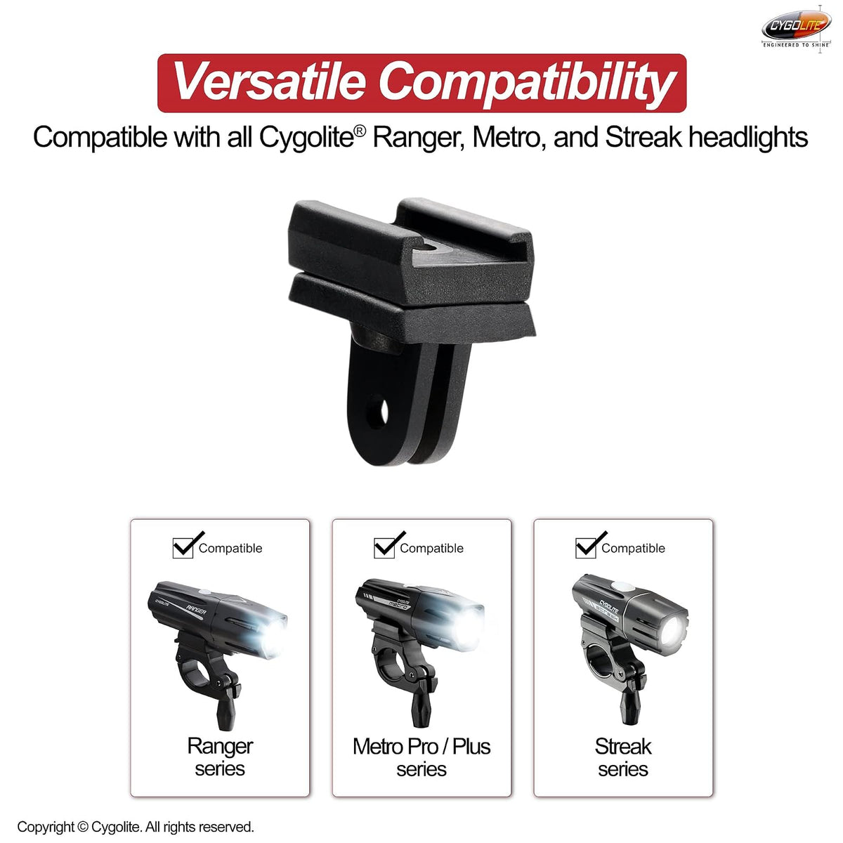 Cygolite - Adaptador de luz para Faros Delanteros de Bicicleta de la Serie Velocity, Ranger, Expilion, Metro y Streak, Compatible con GoPro