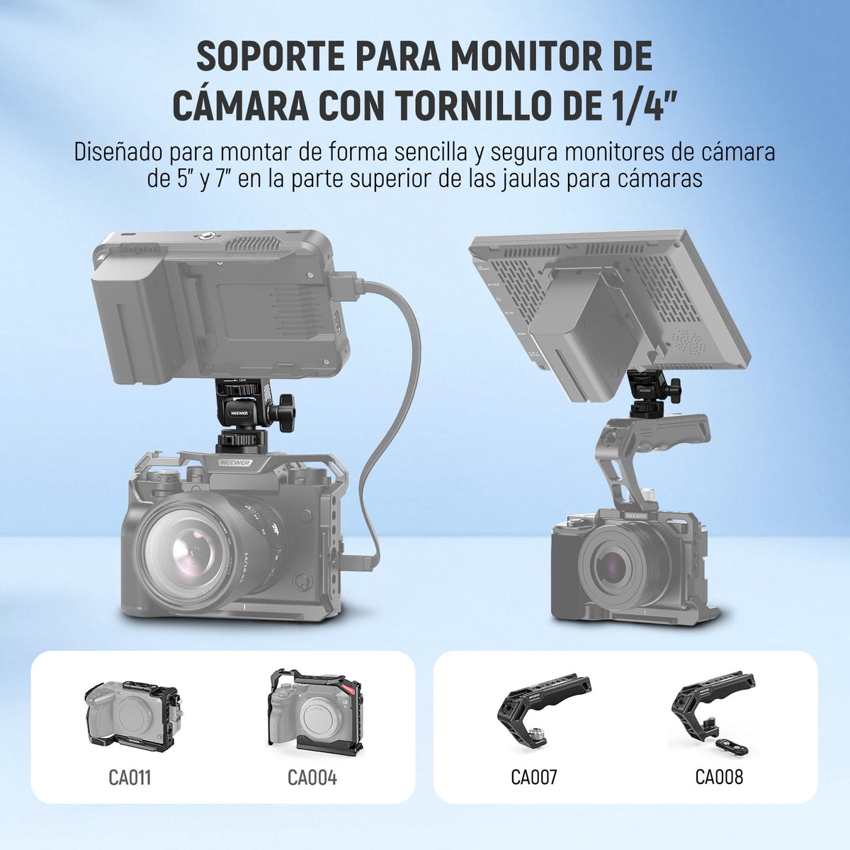 NEEWER Montaje de Monitor Campo Mejorado con Tornillo 1/4", Giro 360°, Inclinación 180°, Tornillo Antigiro Compatible con Atomos Ninja 5" y 7" Monitor de Cámara, Jaula para Cámara, MA021