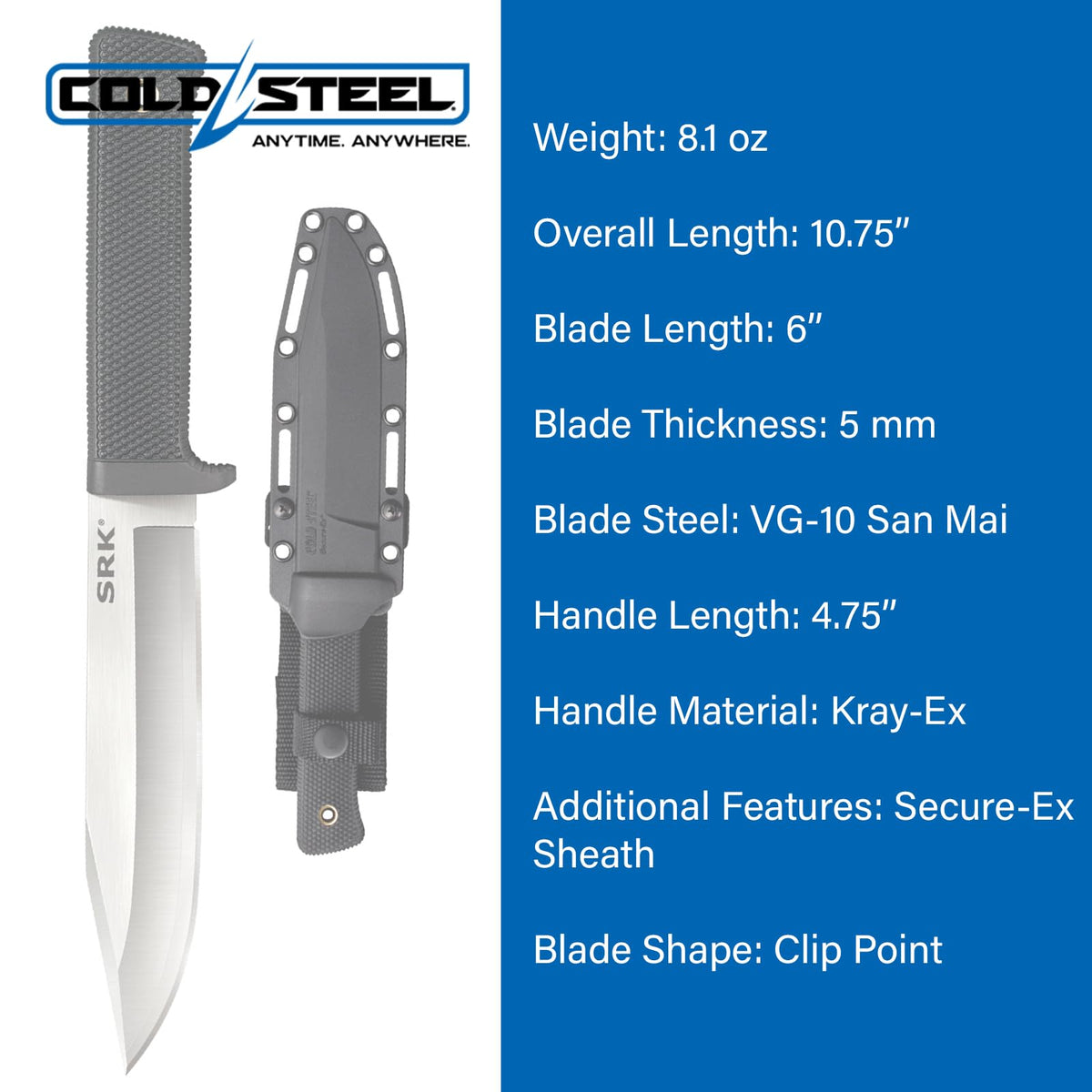 Cold Steel SRK Survival Rescue Cuchillo de hoja fija con funda Secure-Ex – Cuchillo estándar de los sellos de la marina, ideal para aplicaciones tácticas, al aire última intervensión, caza y supervivencia