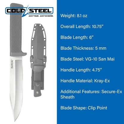 Cold Steel SRK Survival Rescue Cuchillo de hoja fija con funda Secure-Ex – Cuchillo estándar de los sellos de la marina, ideal para aplicaciones tácticas, al aire última intervensión, caza y supervivencia