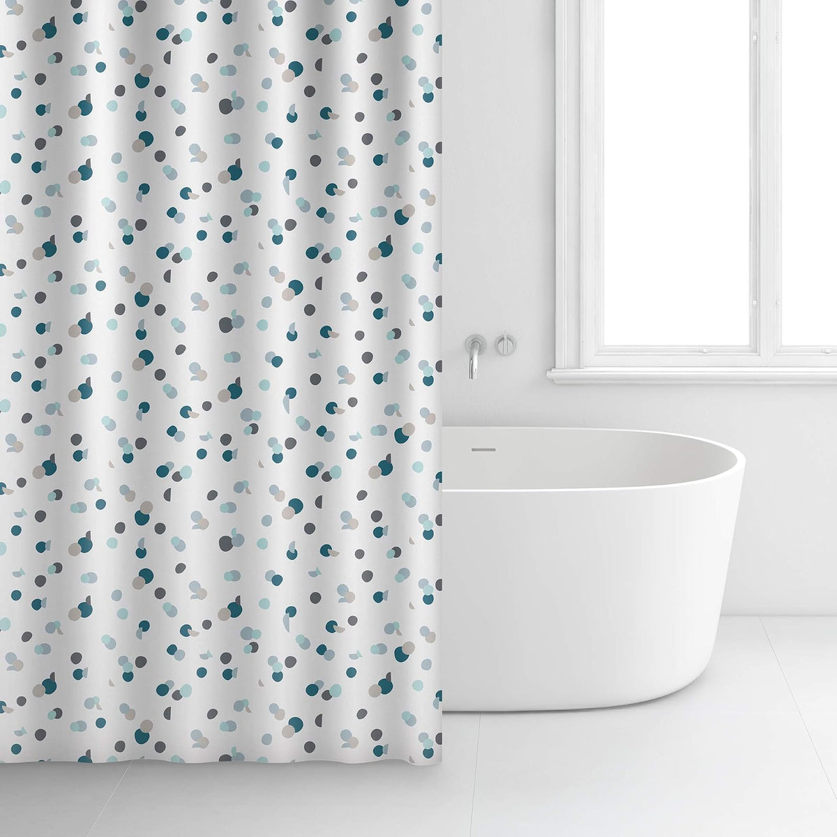 RAYEN | Cortinas de baño | Cortina de Ducha o bañera | Impermeable | Poliéster | Secado rápido | Opaco Anillos de PVC | Incluye 12 Ganchos | 180 x 200 cm | Blanco con Lunares Azules