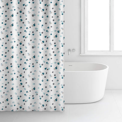 RAYEN | Cortinas de baño | Cortina de Ducha o bañera | Impermeable | Poliéster | Secado rápido | Opaco Anillos de PVC | Incluye 12 Ganchos | 180 x 200 cm | Blanco con Lunares Azules